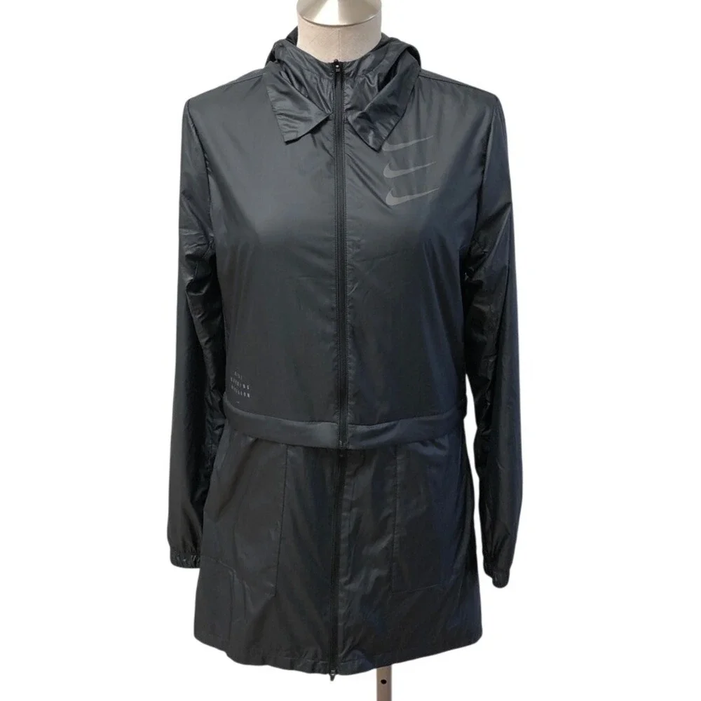 Nike Running Jacket Womens Small Tall Black Aeroshield Triple Swoosh Activewear